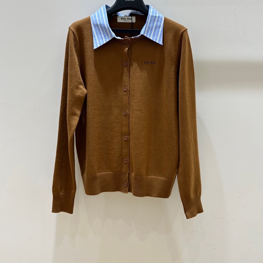 Miu Miu Tan Button Down Shirt with Blue Collar